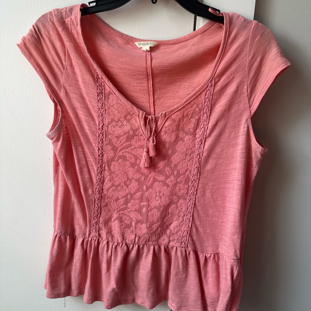 Aeropostale Pink Peplum Tie Front Lace Top